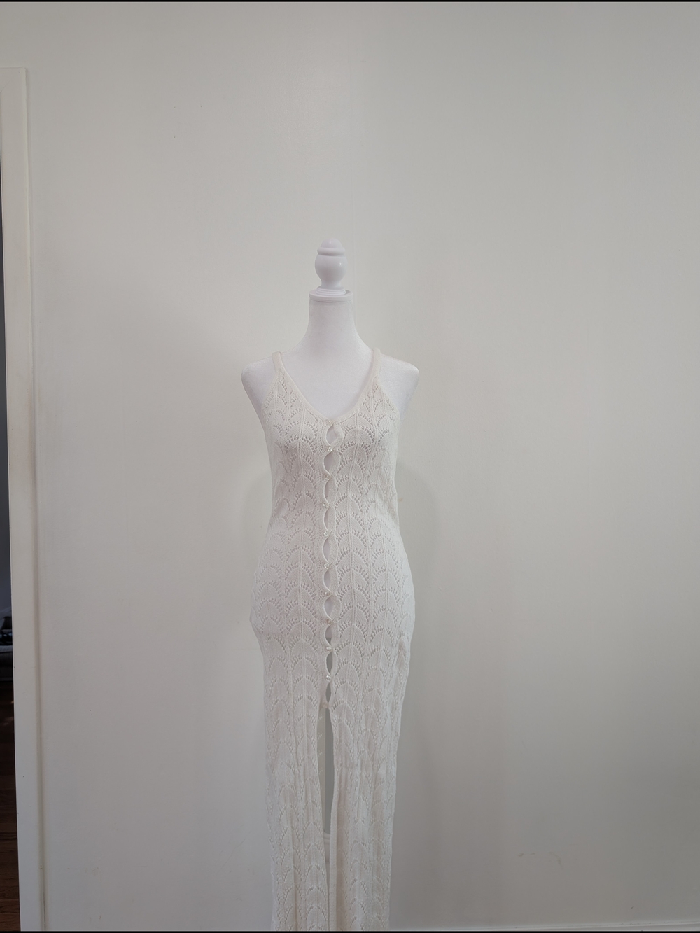 Sleeveless Ivory Crochet Maxi Dress with Front Buttons